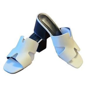 Elegant White and Black Chunky Heel Women's Sandals, Open-toe, 9